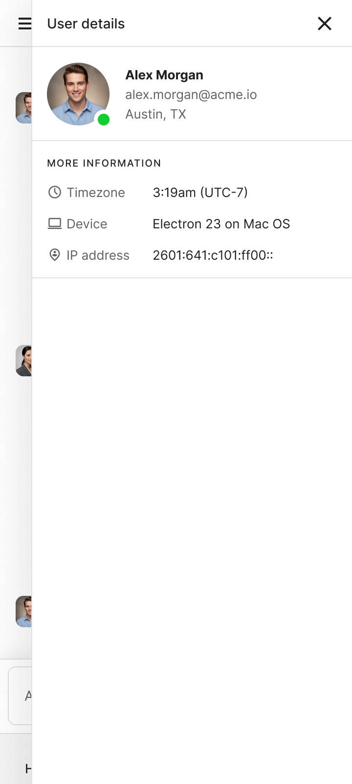 Mobile customer profile with contact, location, device, and IP details
